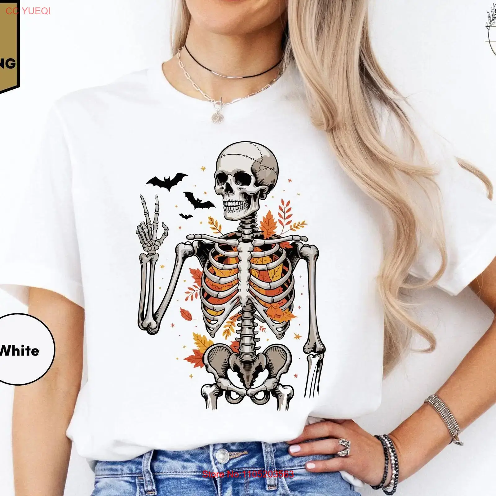 Vintage Vibes Fashion - Fall Breeze en herfstbladeren skelet T-shirt