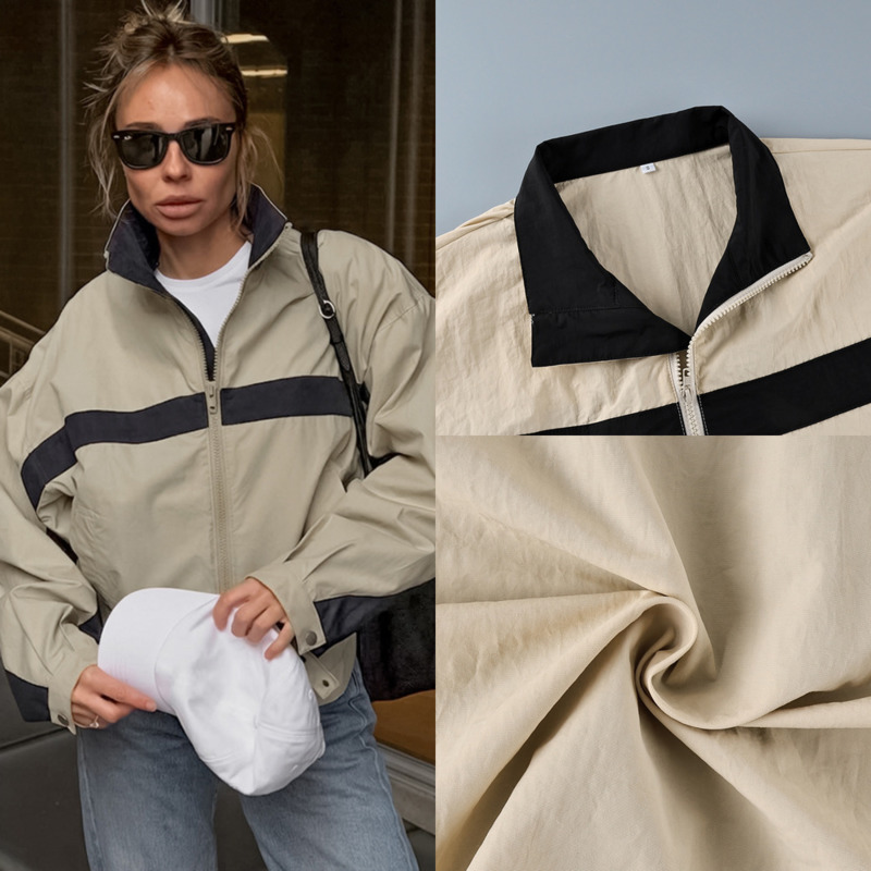 Vintage Windbreaker Nylon - Dames kleurblok windjack met opstaande kraag,